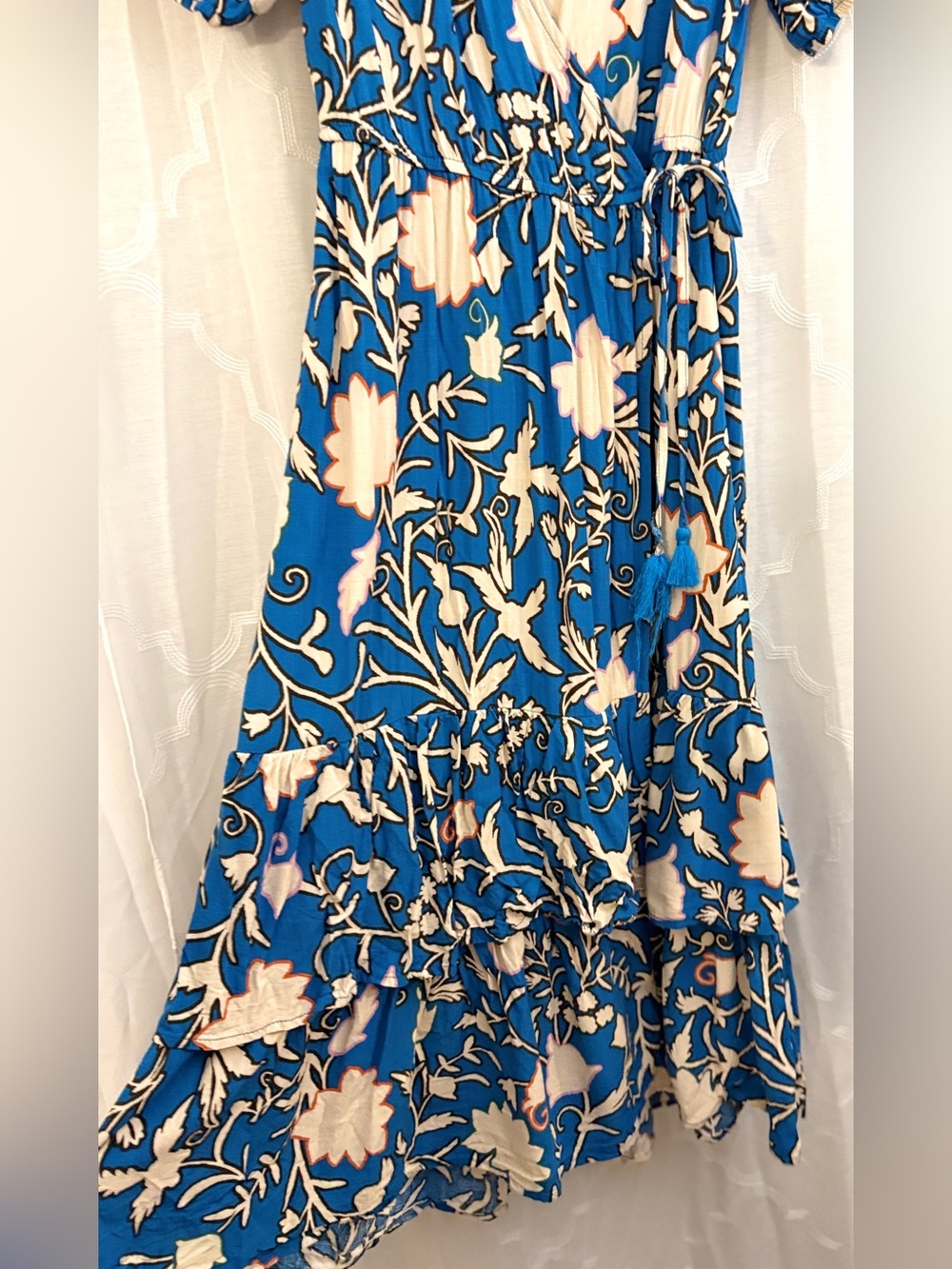 Knox Rose Blue Floral Wrap Dress Boho Ruffle Tie Waist Midi Dress Size Medium - Picture 5 of 16